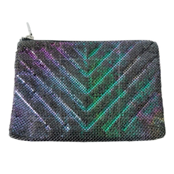 INC Mesh Clutch Evening Bag Iridescent Blue Zippered Satin Lining - Picture 1 of 7